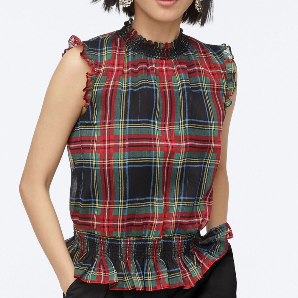 J Crew Sleeveless Mockneck Top Gilded Stewart Tartan Print red plaid holiday sz2